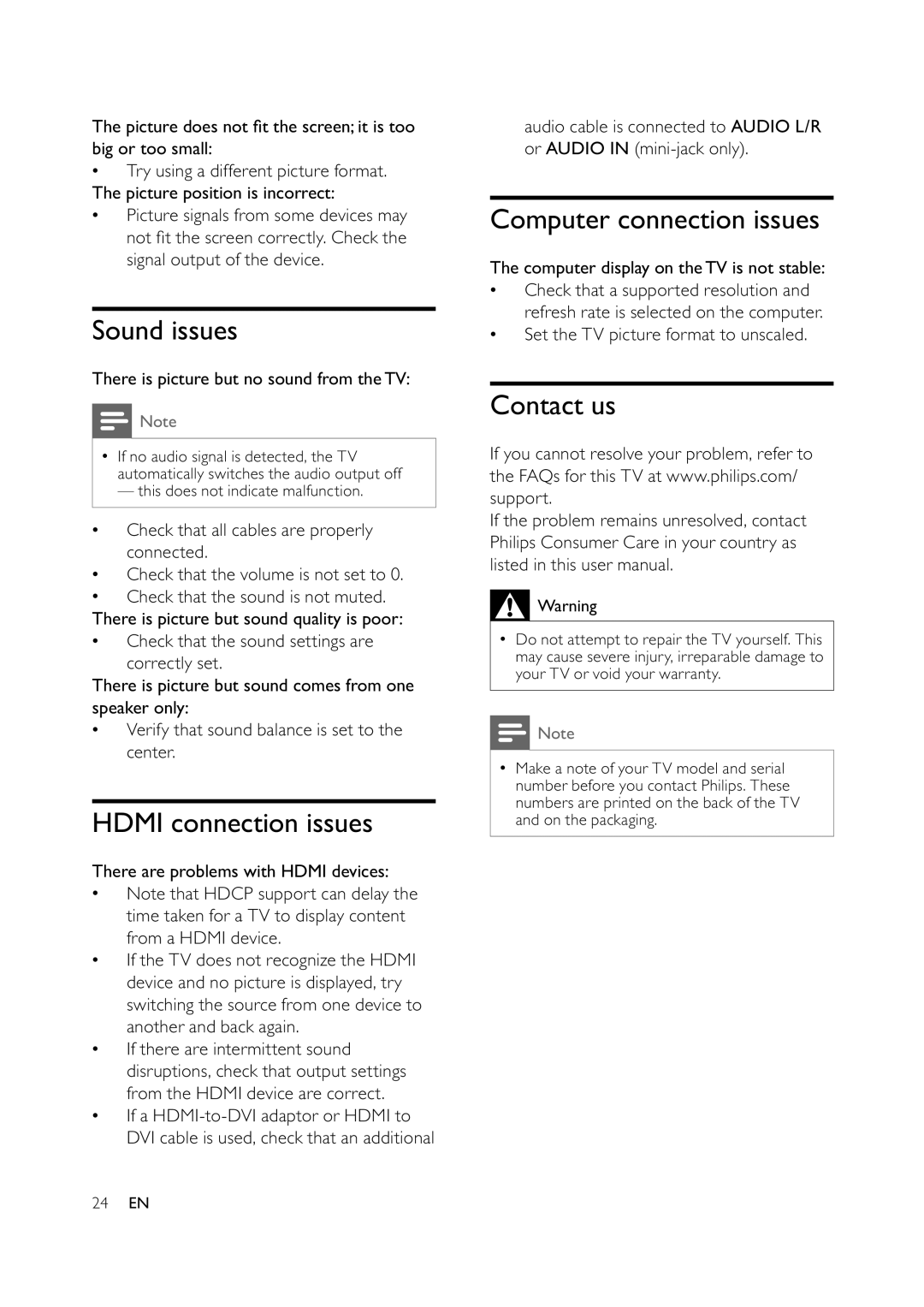 Philips 32PFL3404/78, 32PFL3404/77 user manual Sound issues, Hdmi connection issues, Computer connection issues, Contact us 