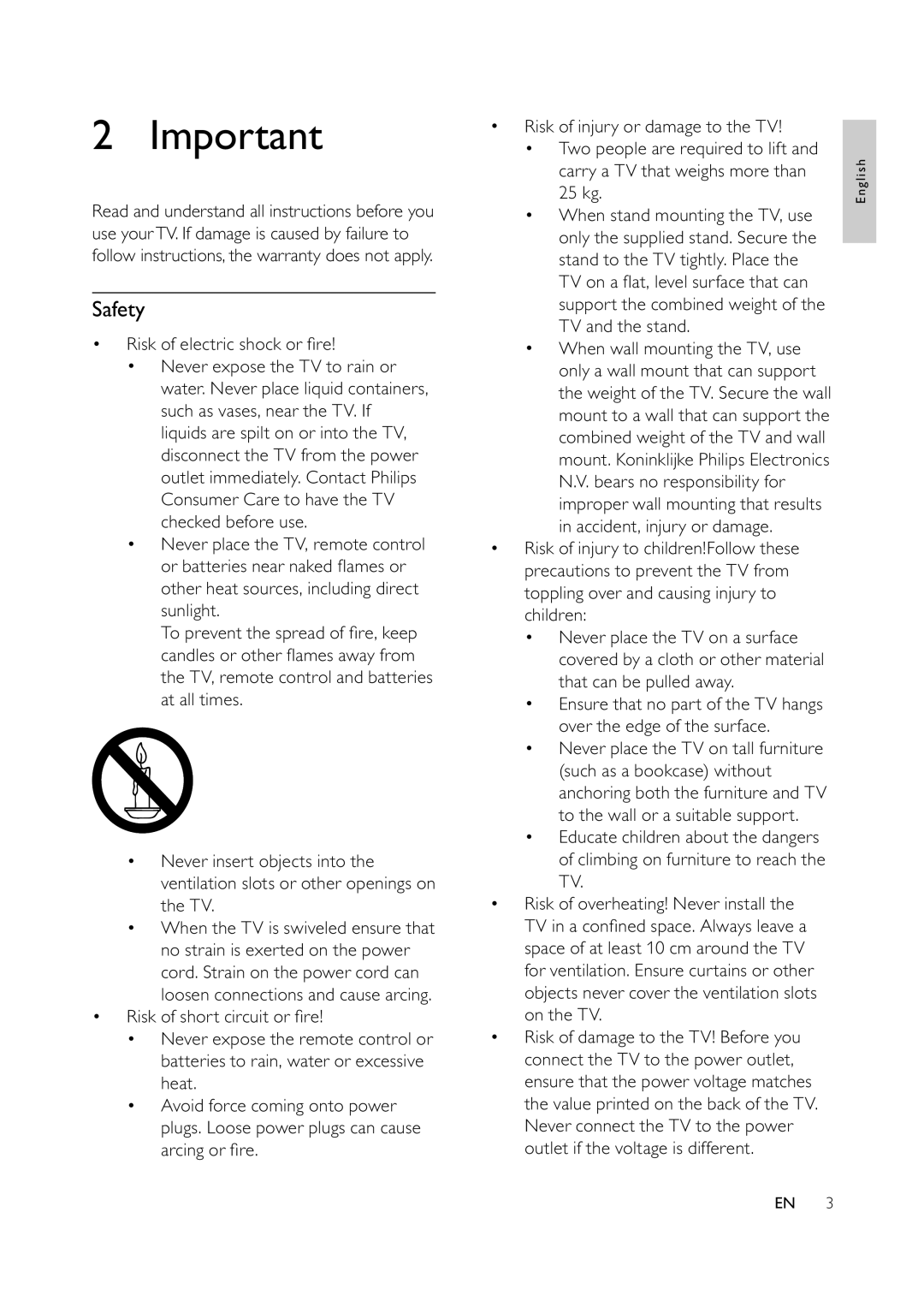 Philips 42PFL3604/78, 32PFL3404/78, 32PFL3404/77, 42PFL3604/77 user manual Safety, Risk of electric shock or re 