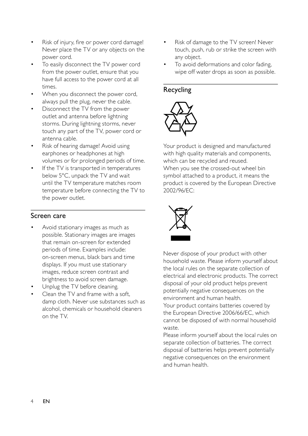 Philips 32PFL3404/78, 32PFL3404/77, 42PFL3604/77, 42PFL3604/78 user manual Recycling, Screen care 