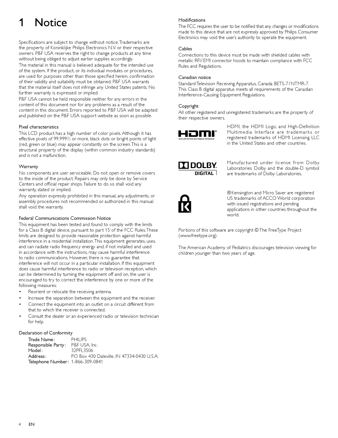 Philips user manual USA, Inc, Model 32PFL3506 Address, Telephone Number Modiﬁcations 