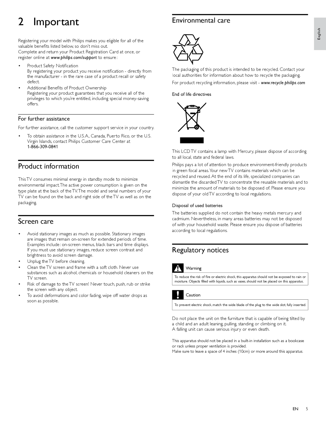 Philips 32PFL3506 Product information, Screen care, Environmental care, Regulatory notices, For further assistance 