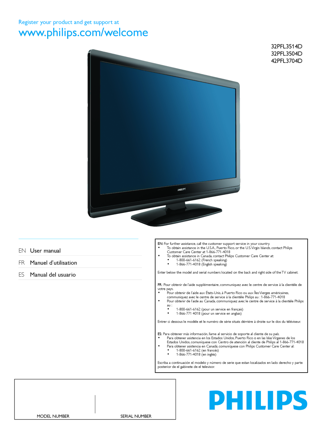 Philips 32PFL3514D user manual Register your product and get support at 