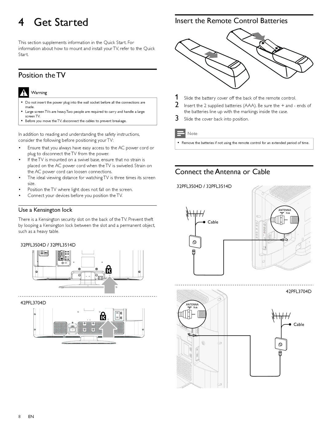 Philips 32PFL3514D Get Started, Insert the Remote Control Batteries, Position the TV, Connect the Antenna or Cable 