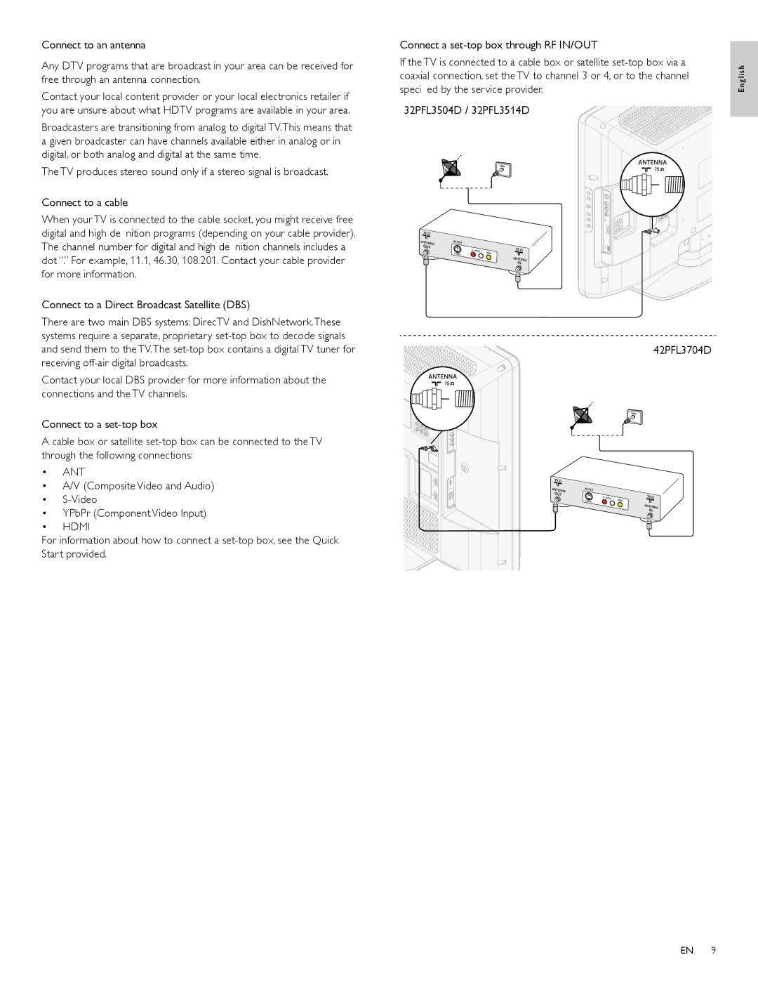 Philips 32PFL3514D Connect to a Direct Broadcast Satellite DBS, Composite Video and Audio YPbPr Component Video Input 