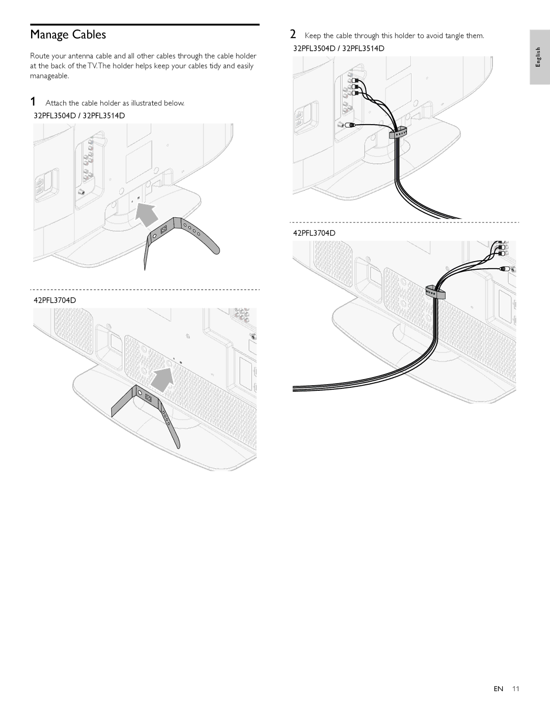 Philips 32PFL3514D user manual Manage Cables 