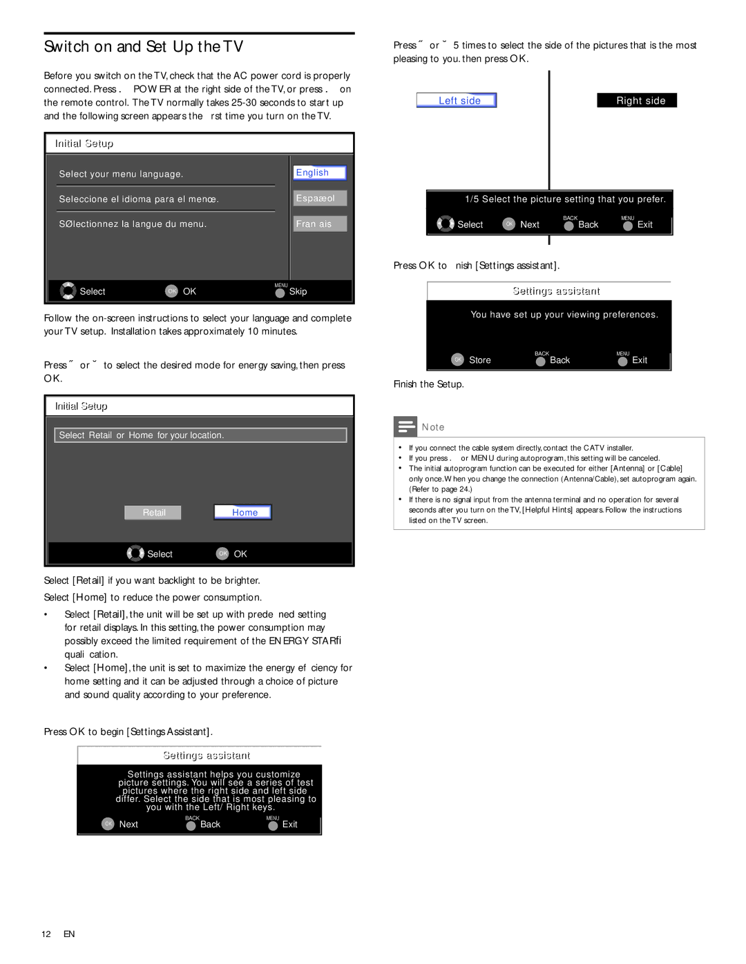 Philips 32PFL3514D Switch on and Set Up the TV, Press OK to begin Settings Assistant, Press OK to ﬁnish Settings assistant 