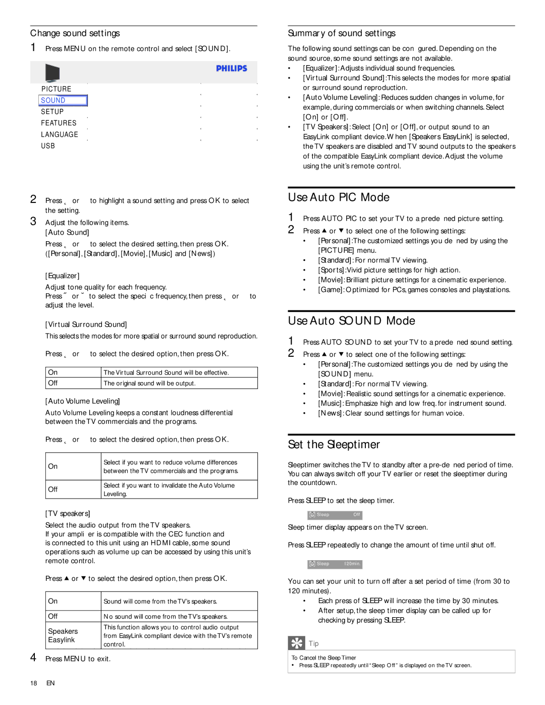 Philips 32PFL3514D user manual Use Auto PIC Mode, Use Auto Sound Mode, Set the Sleeptimer, Change sound settings 