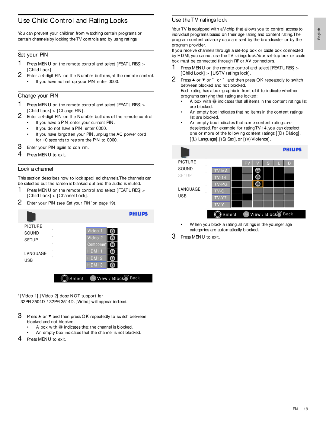 Philips 32PFL3514D user manual Use Child Control and Rating Locks, Set your PIN, Change your PIN, Lock a channel 