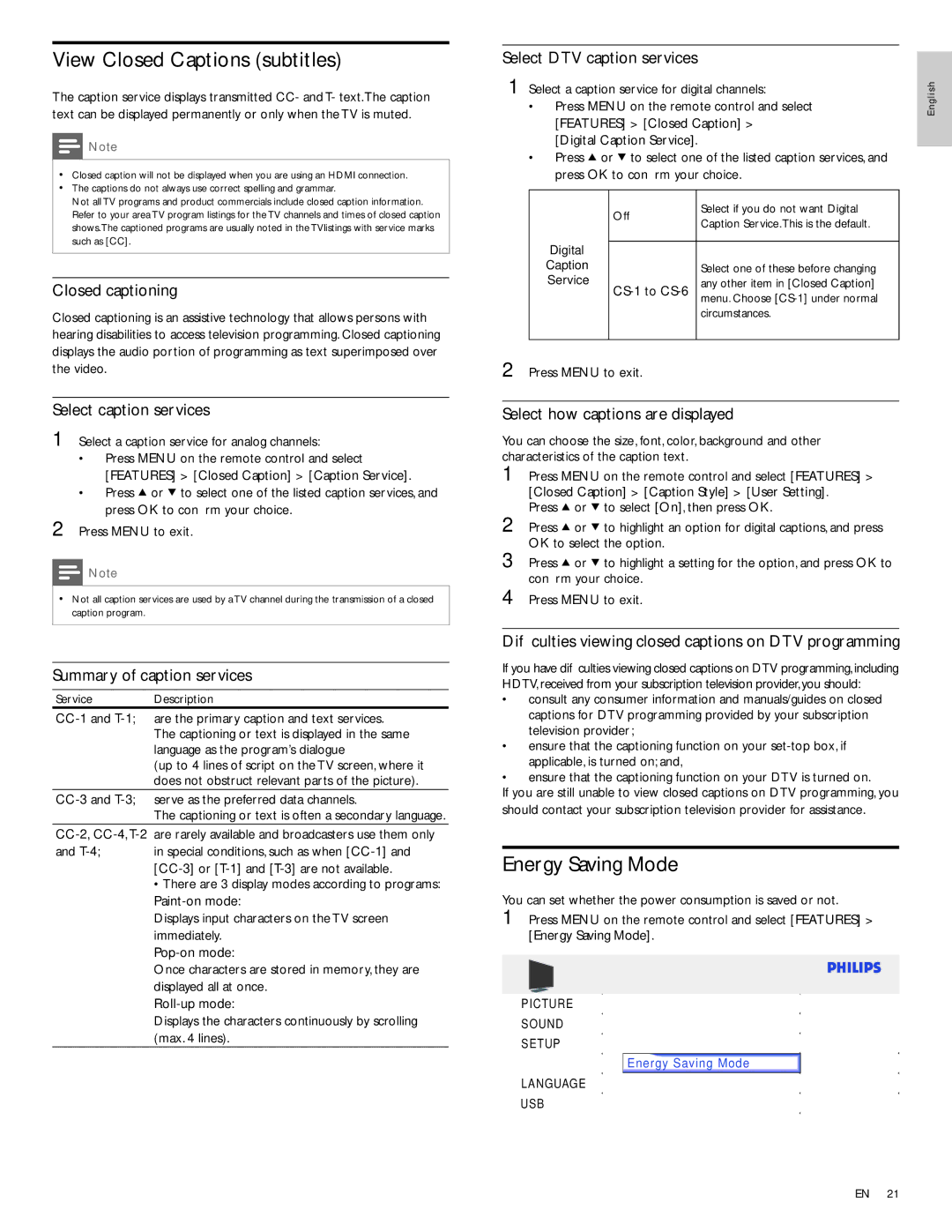 Philips 32PFL3514D user manual View Closed Captions subtitles, Energy Saving Mode 