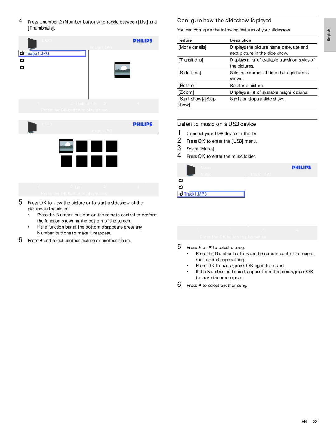 Philips 32PFL3514D user manual Conﬁgure how the slideshow is played, Listen to music on a USB device 