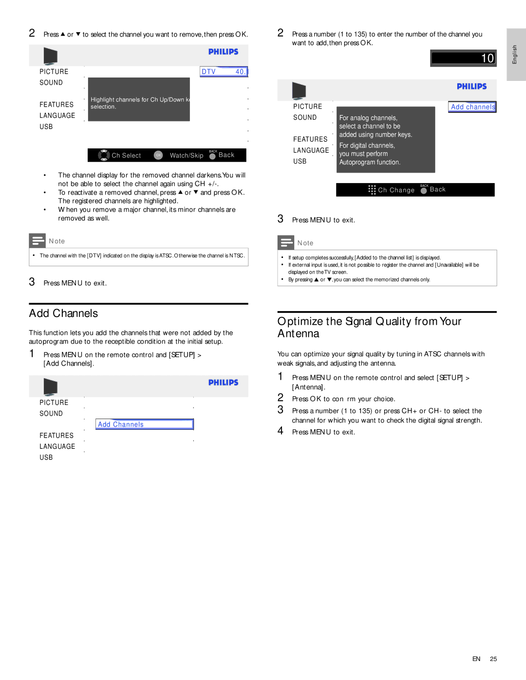 Philips 32PFL3514D user manual Add Channels, Optimize the Signal Quality from Your Antenna 