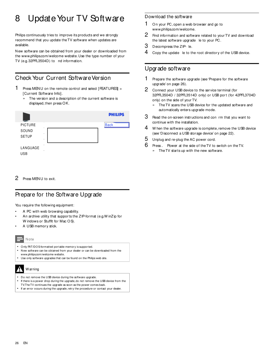 Philips 32PFL3514D Update Your TV Software, Check Your Current Software Version, Prepare for the Software Upgrade 