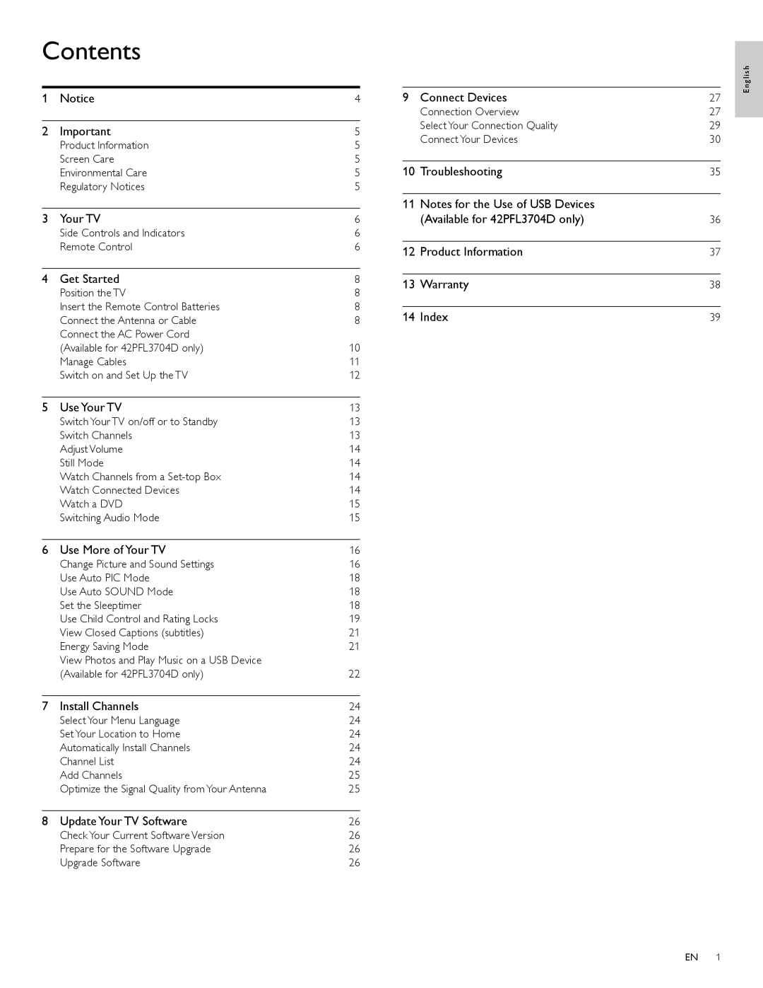 Philips 32PFL3514D user manual Contents 