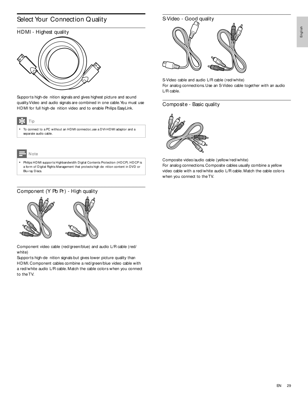 Philips 32PFL3514D user manual Select Your Connection Quality, Hdmi Highest quality, Component Y Pb Pr High quality 