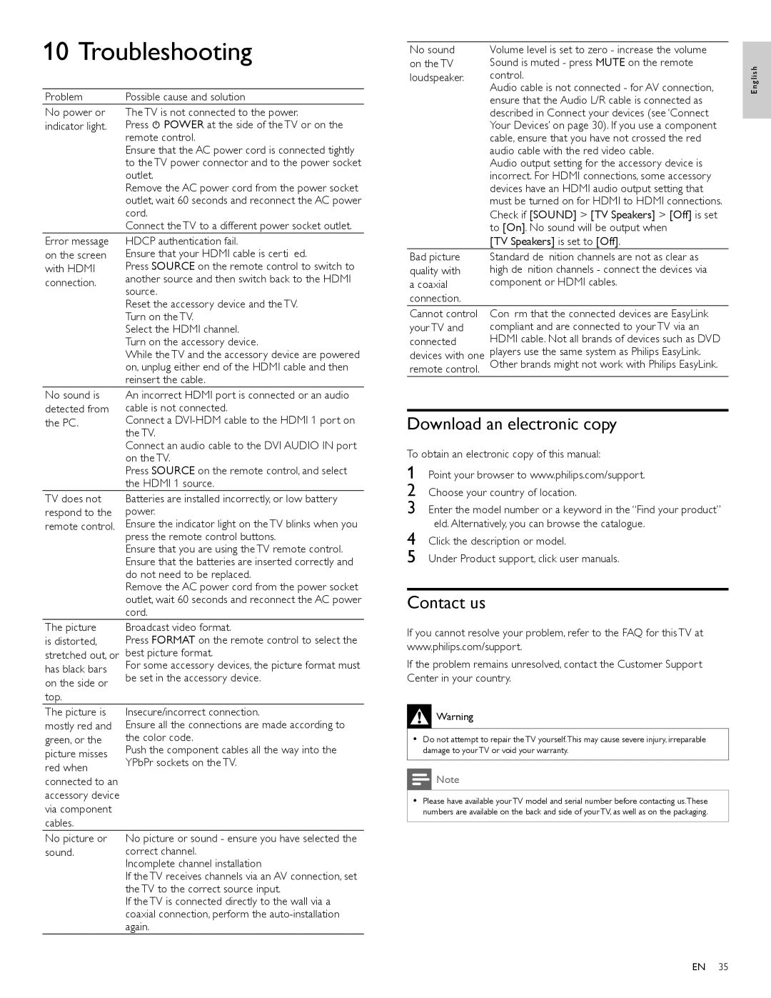 Philips 32PFL3514D user manual Troubleshooting, Download an electronic copy, Contact us 