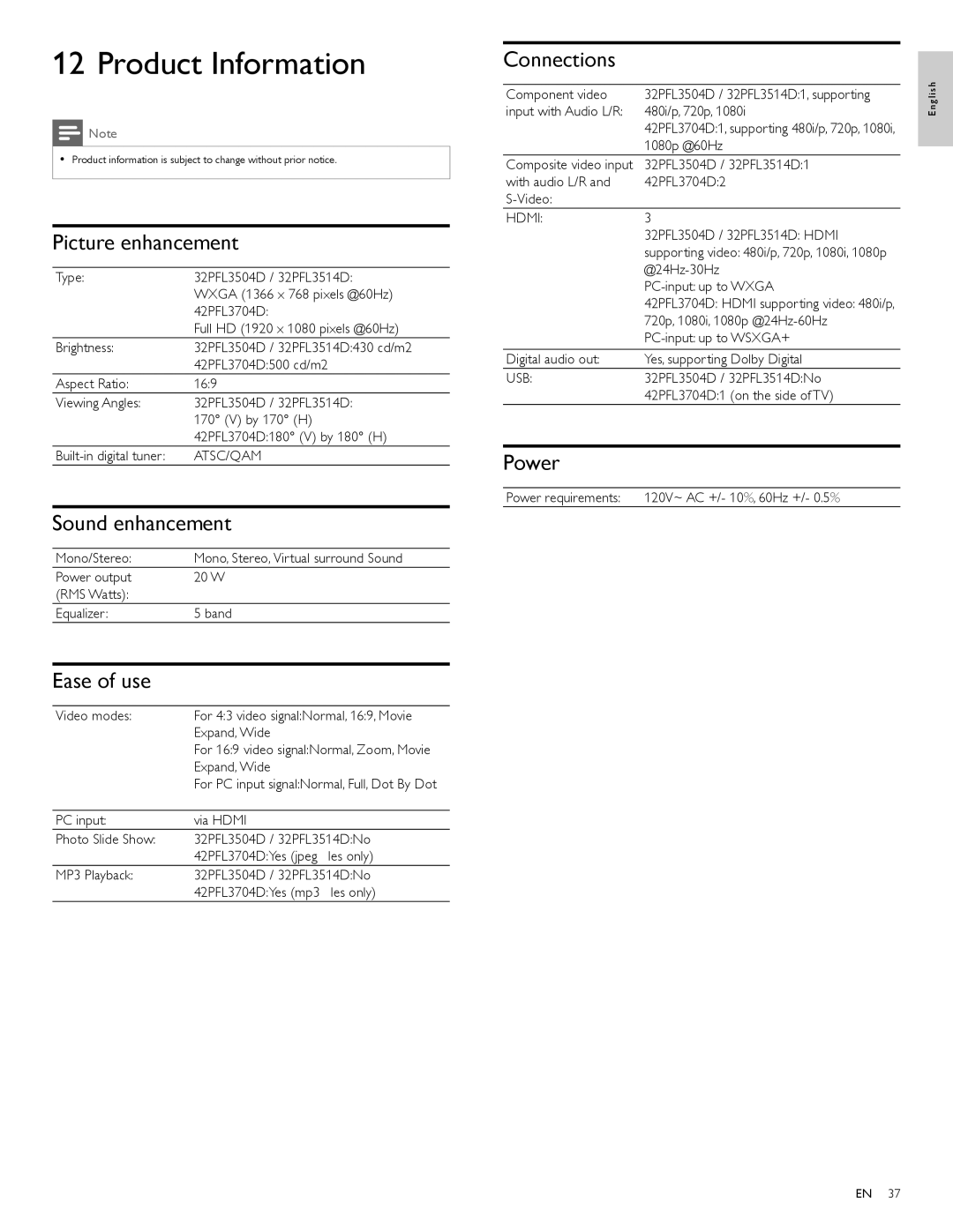 Philips 32PFL3514D user manual Product Information 