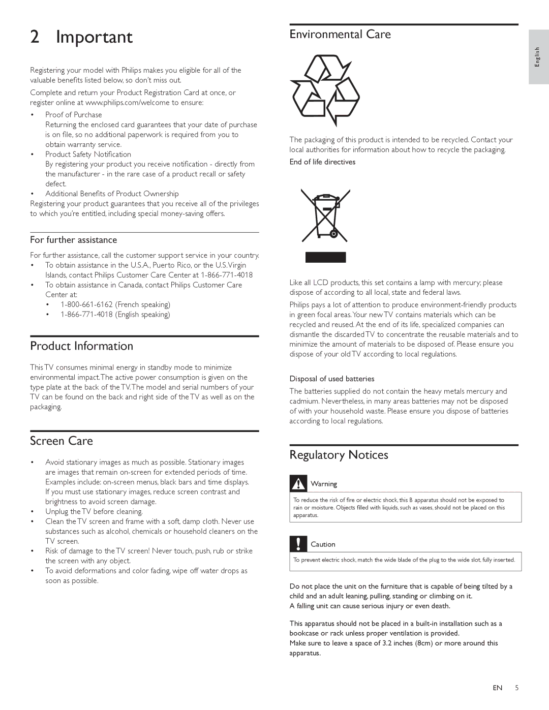 Philips 32PFL3514D Product Information, Screen Care, Environmental Care, Regulatory Notices, For further assistance 