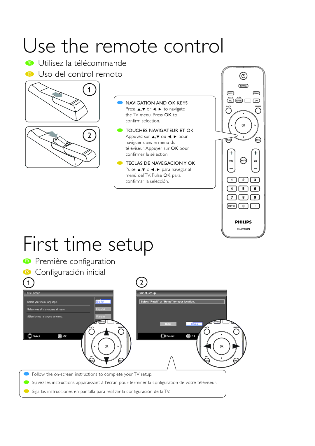 Philips 32PFL3514D/F7E manual Use the remote control, First time setup, Utilisez la télécommande Uso del control remoto 