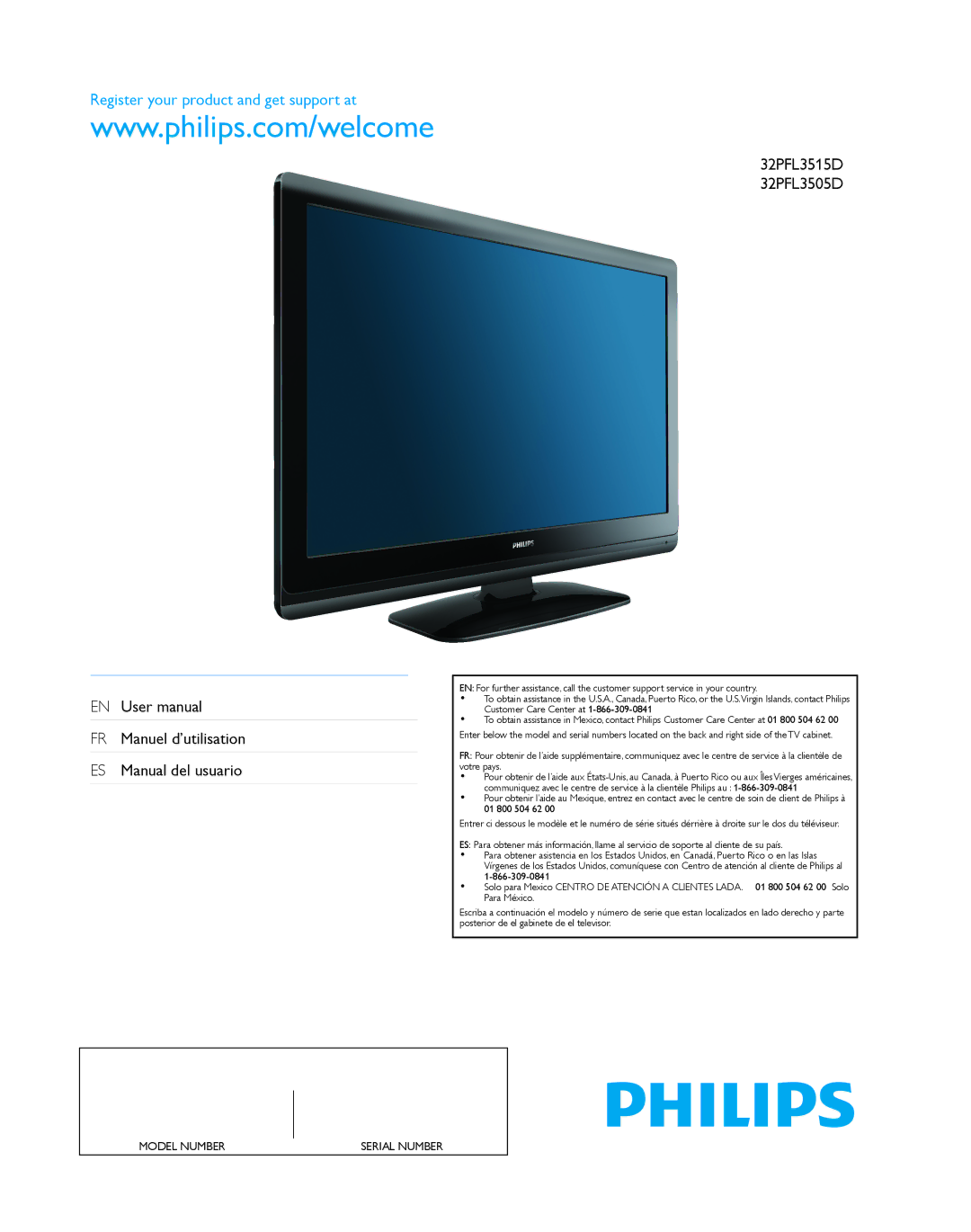 Philips 32PFL3505D, 32PFL3515D user manual Register your product and get support at 