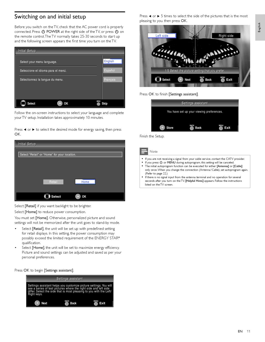 Philips 32PFL3515D, 32PFL3505D Switching on and initial setup, Press OK to ﬁnish Settings assistant, Finish the Setup 