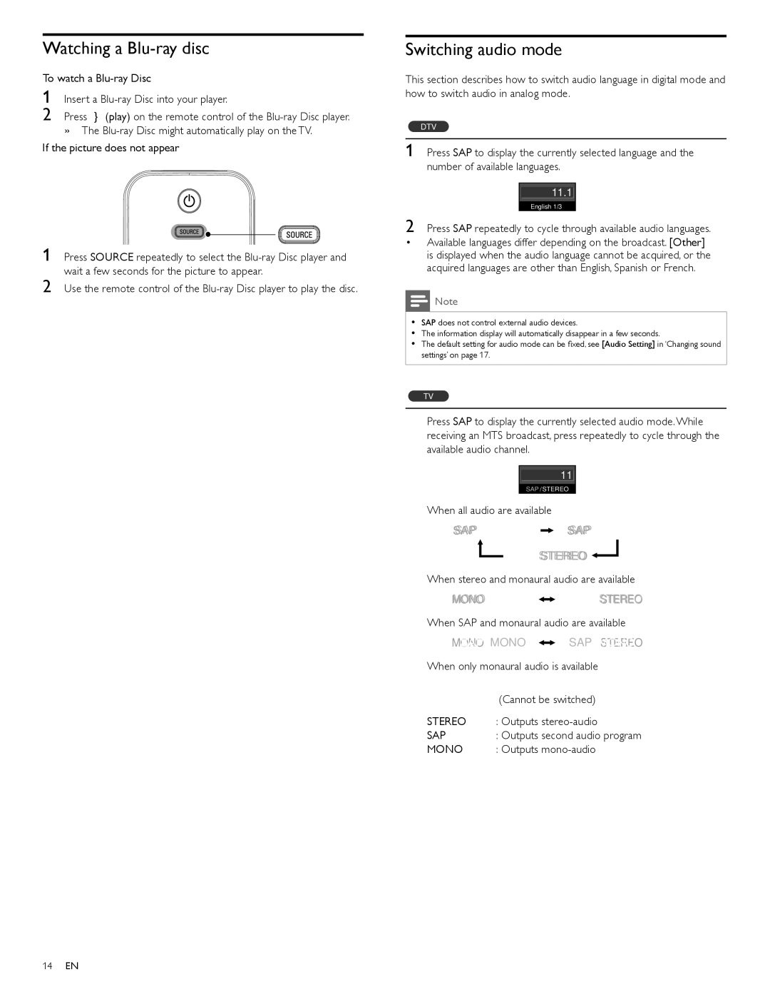 Philips 32PFL3505D, 32PFL3515D user manual Watching a Blu-ray disc, Switching audio mode 