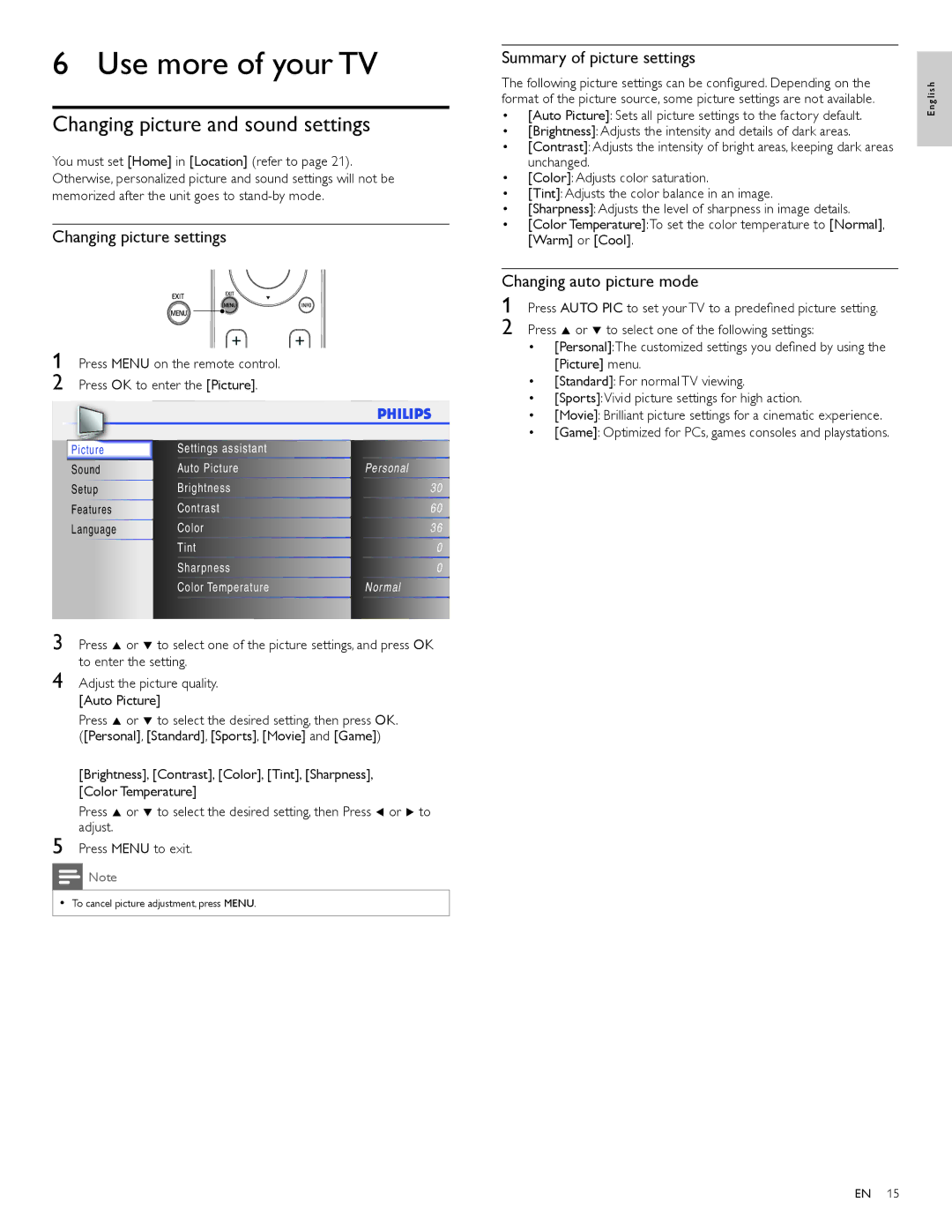 Philips 32PFL3515D, 32PFL3505D Use more of your TV, Changing picture and sound settings, Changing picture settings 