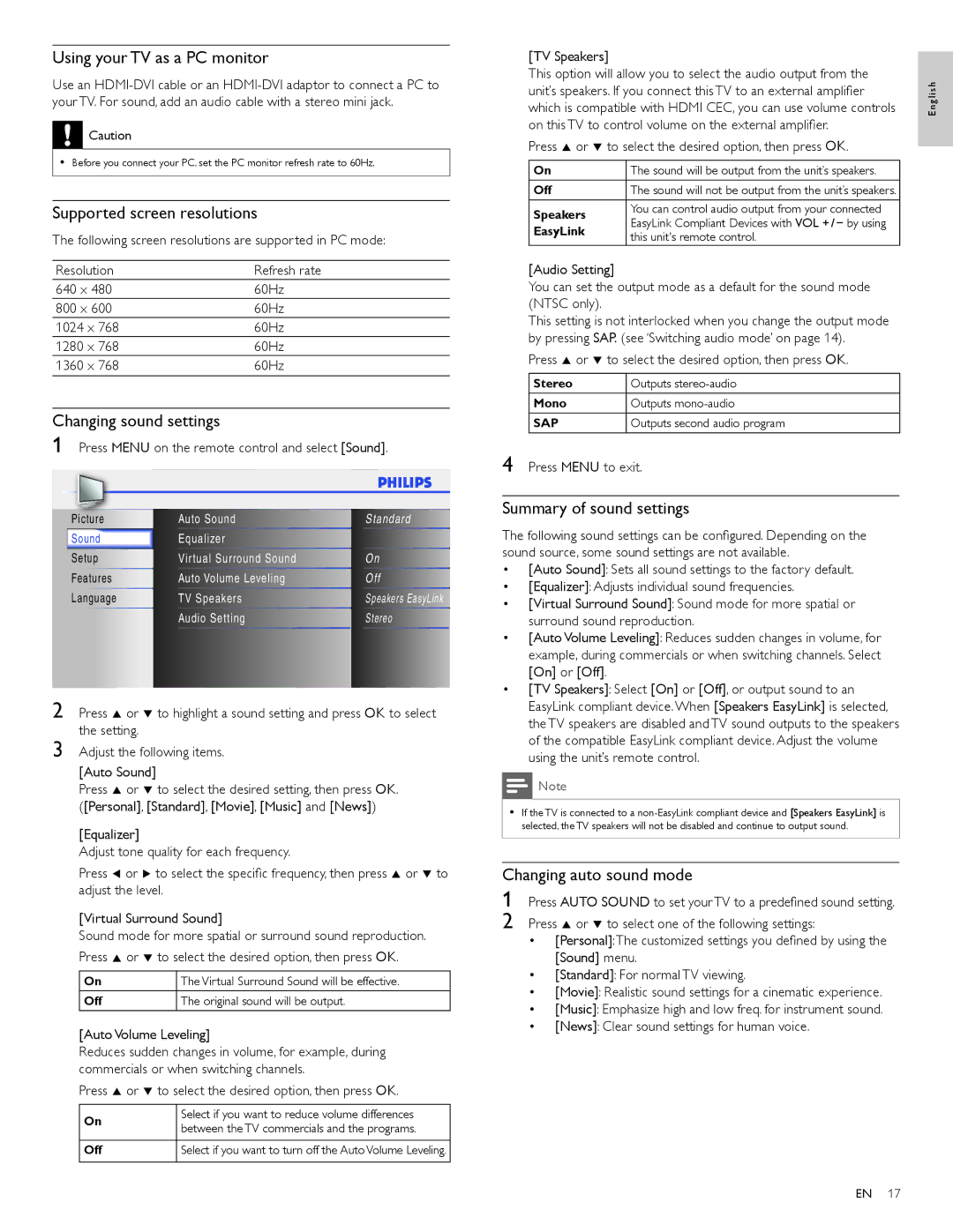 Philips 32PFL3515D, 32PFL3505D Using your TV as a PC monitor, Supported screen resolutions, Changing sound settings 