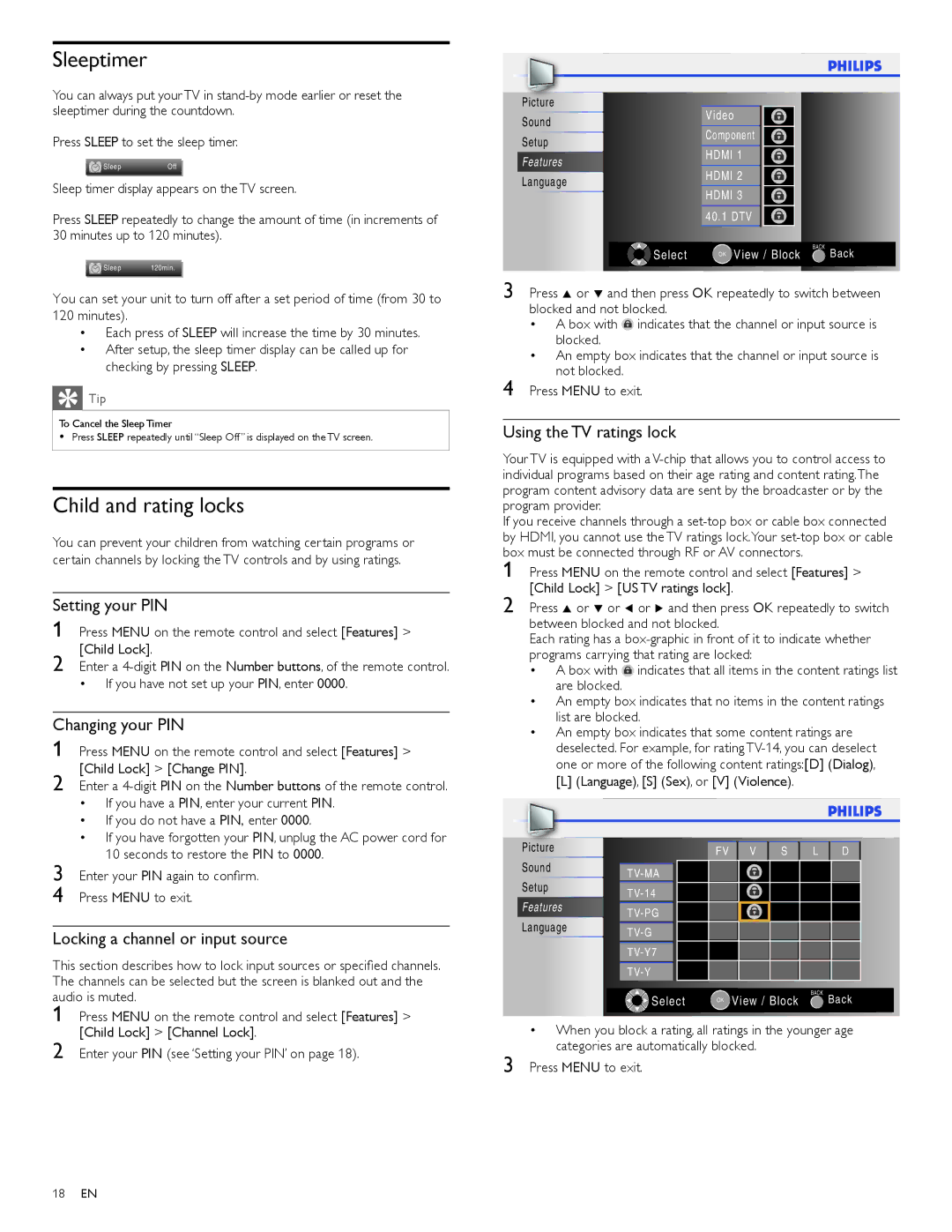 Philips 32PFL3505D, 32PFL3515D user manual Sleeptimer, Child and rating locks 