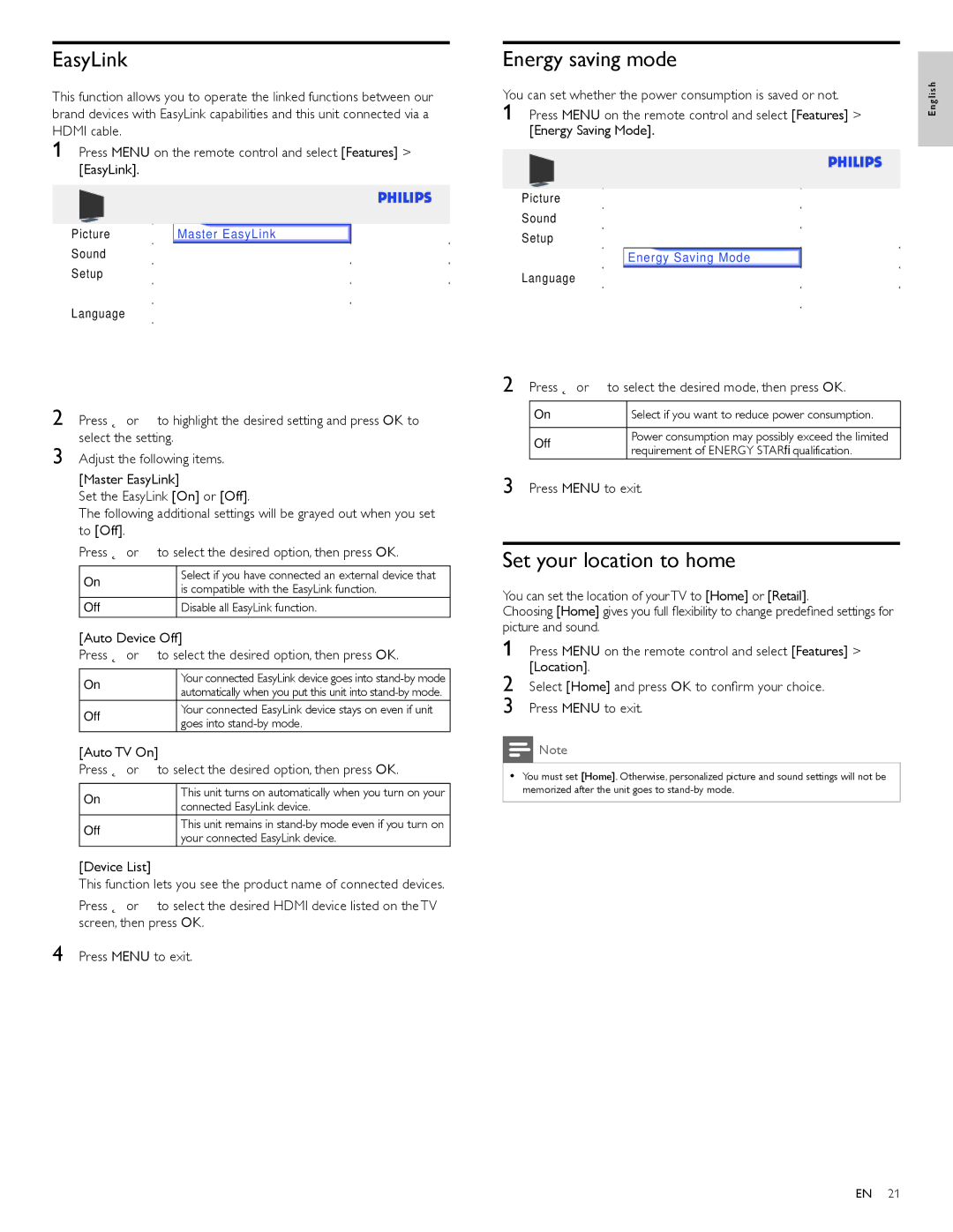 Philips 32PFL3515D, 32PFL3505D user manual EasyLink, Energy saving mode, Set your location to home 