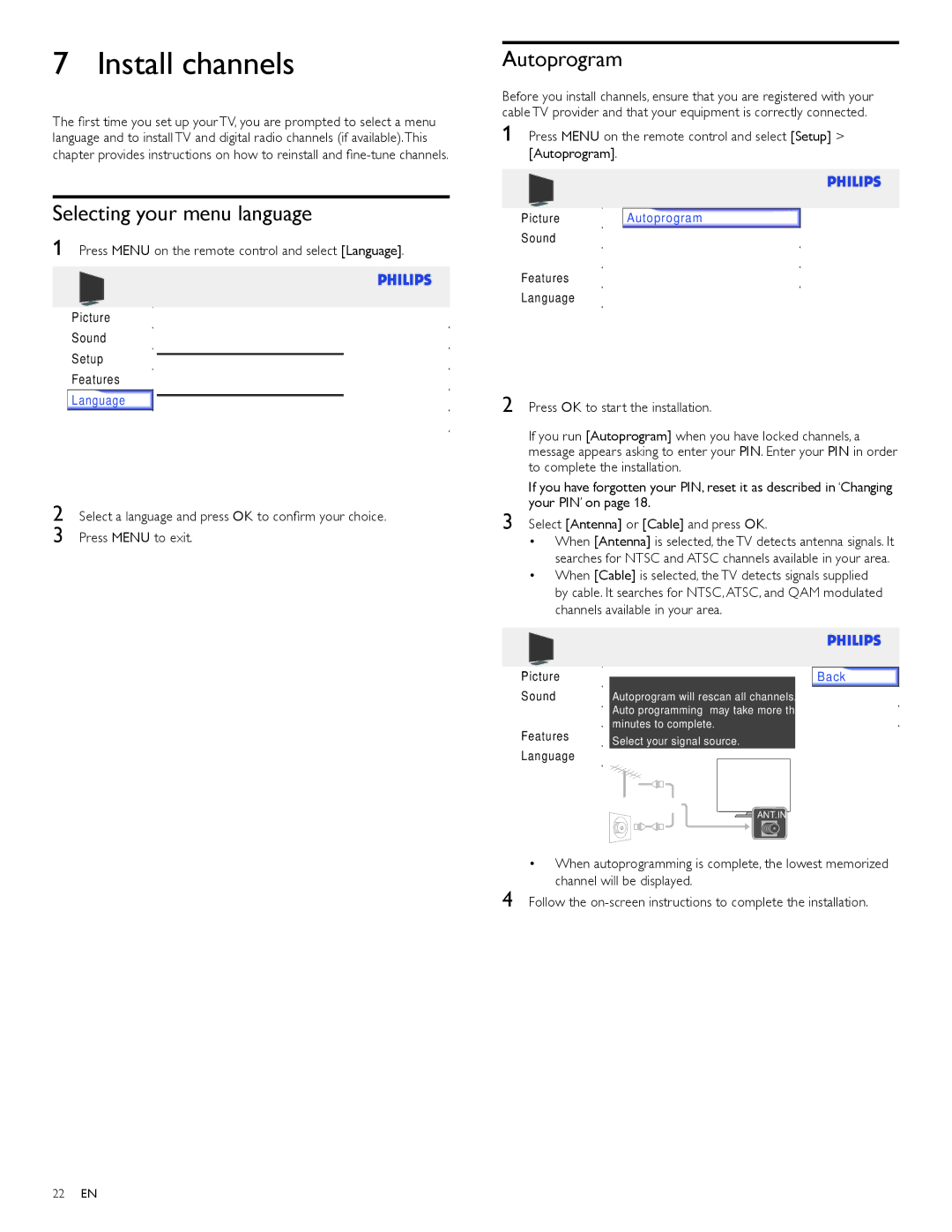 Philips 32PFL3505D, 32PFL3515D user manual Install channels, Selecting your menu language, Autoprogram 