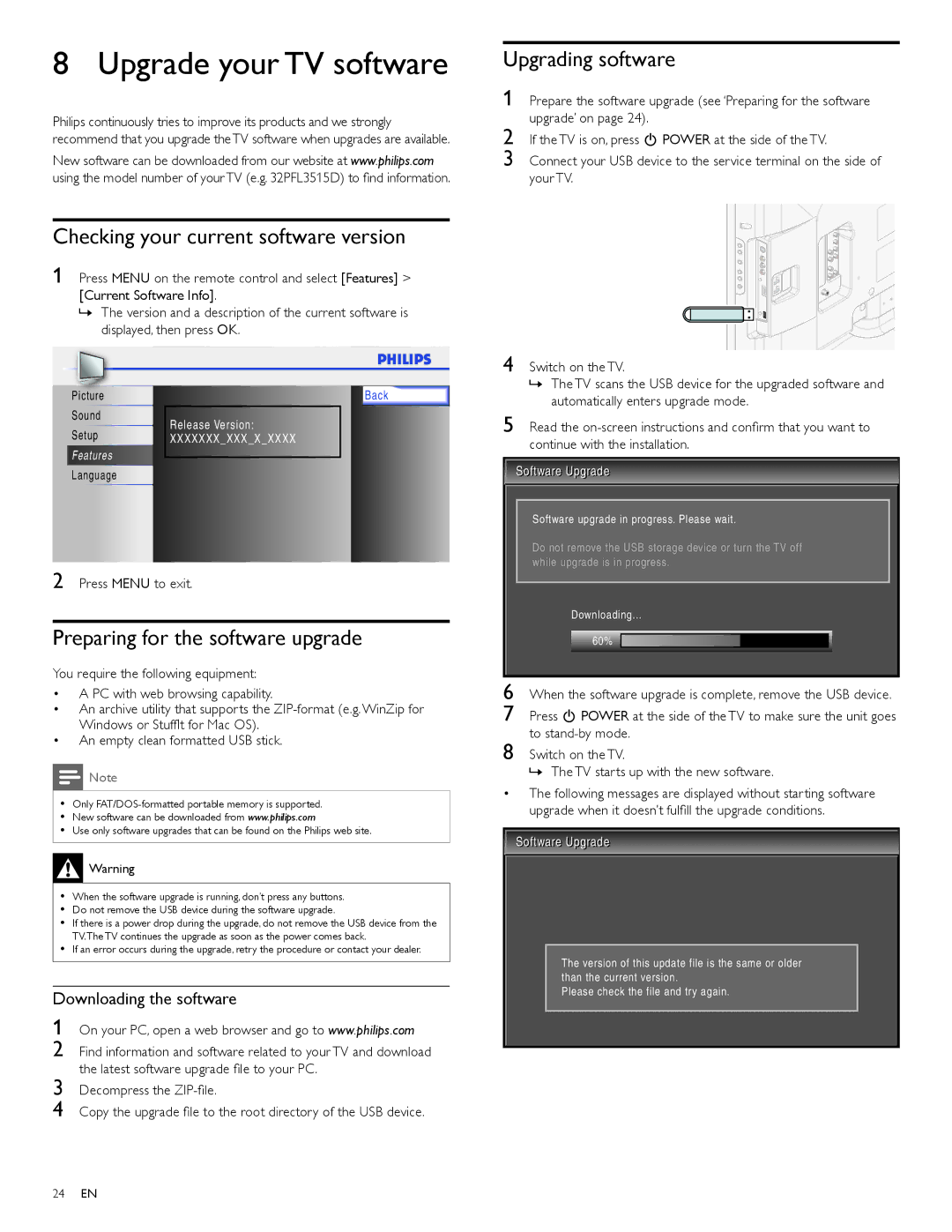 Philips 32PFL3505D, 32PFL3515D user manual Upgrade your TV software, Upgrading software, Preparing for the software upgrade 