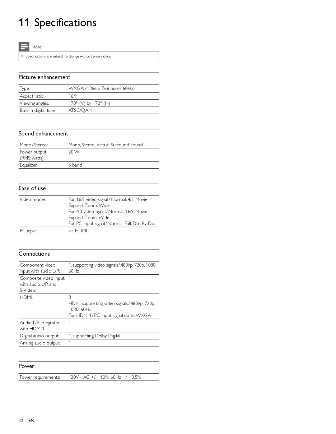 Philips 32PFL3505D, 32PFL3515D user manual Specifications 