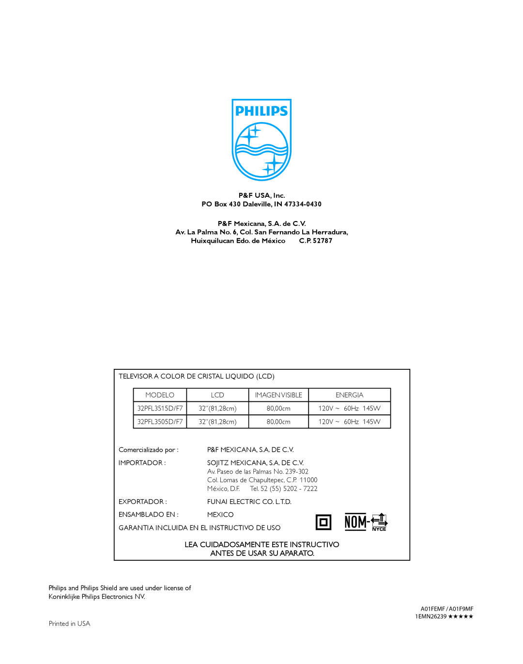 Philips 32PFL3515D, 32PFL3505D user manual Televisor a Color DE Cristal Liquido LCD Modelo, Energia 