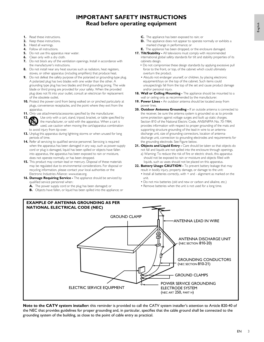 Philips 32PFL3515D, 32PFL3505D user manual Grounding Conductors, Ground Clamps Power Service Grounding Electrode System 