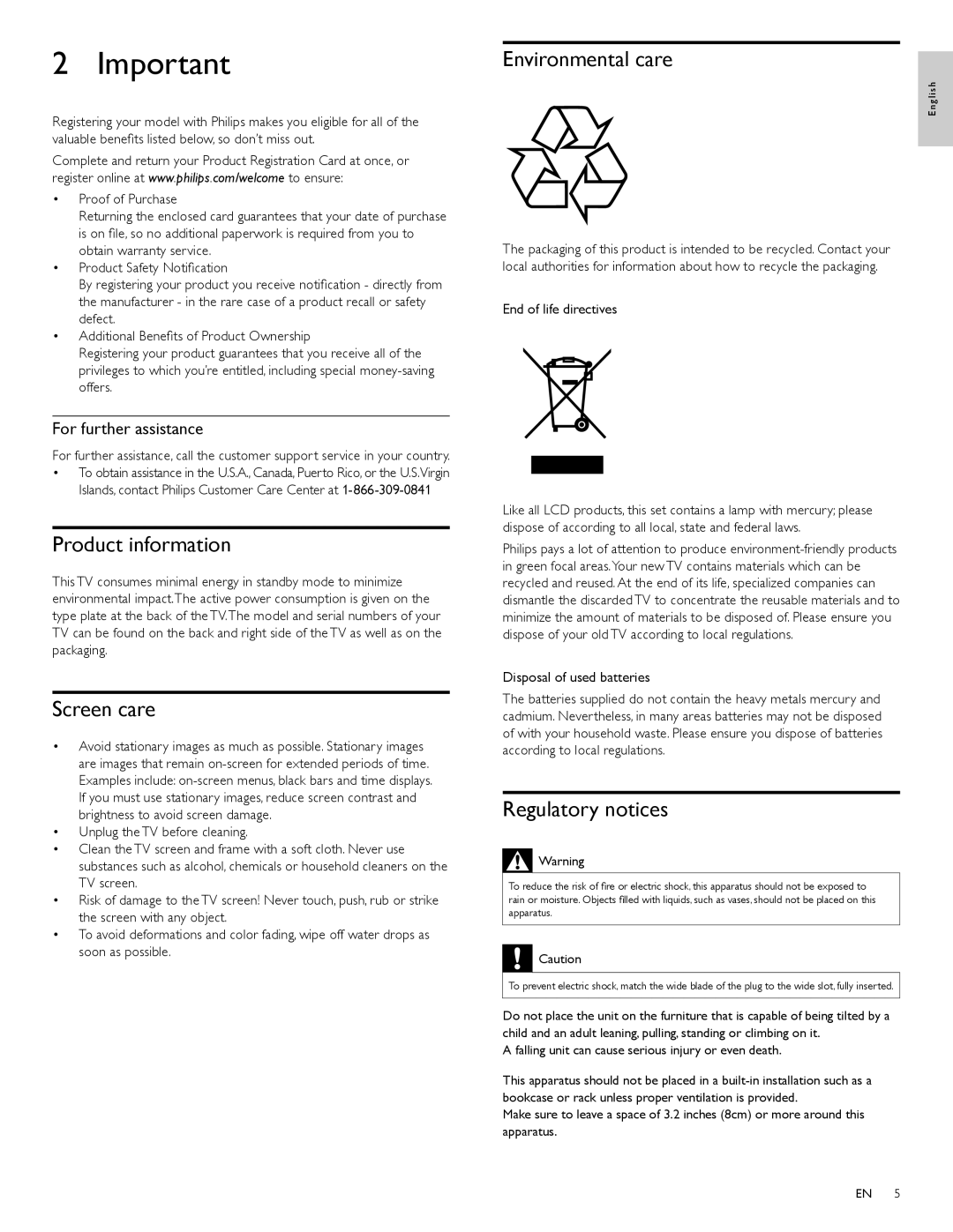 Philips 32PFL3515D Product information, Screen care, Environmental care, Regulatory notices, For further assistance 