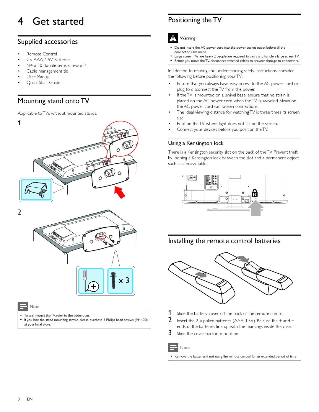 Philips 32PFL3505D, 32PFL3515D user manual Get started, Supplied accessories, Mounting stand onto TV, Positioning the TV 