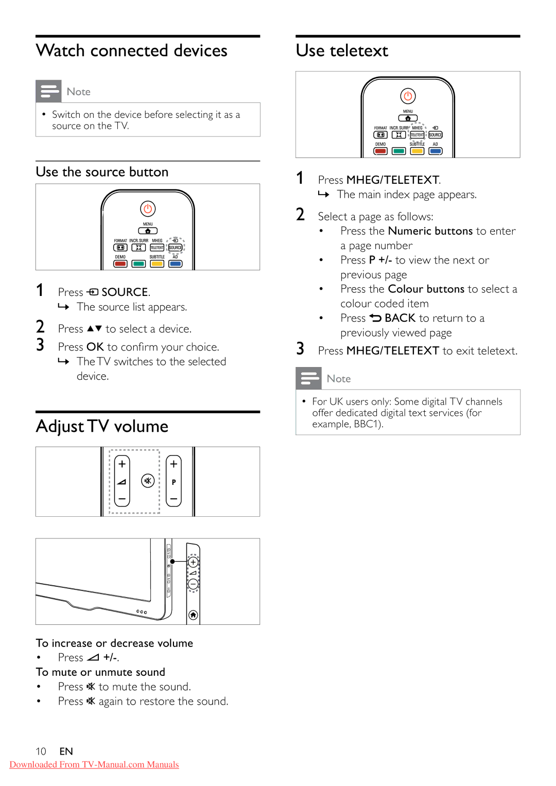 Philips 32PFL3605/12 user manual Watch connected devices, Adjust TV volume, Use the source button 