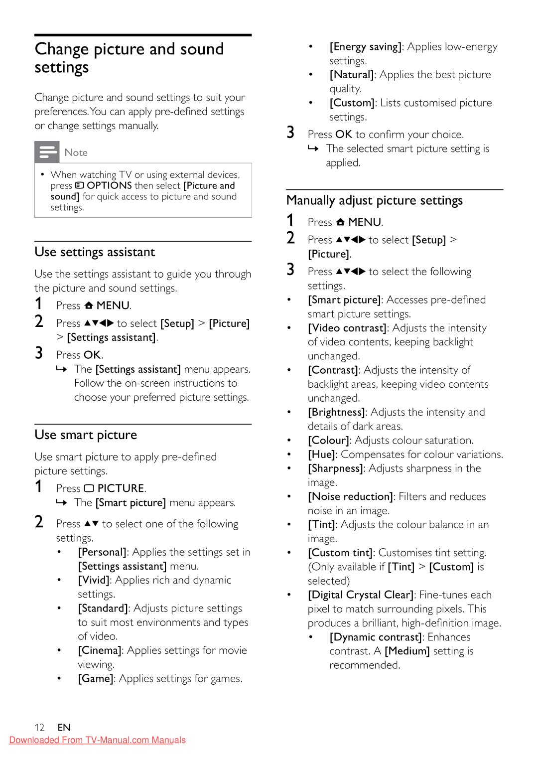 Philips 32PFL3605/12 user manual Change picture and sound settings, Use settings assistant, Use smart picture 