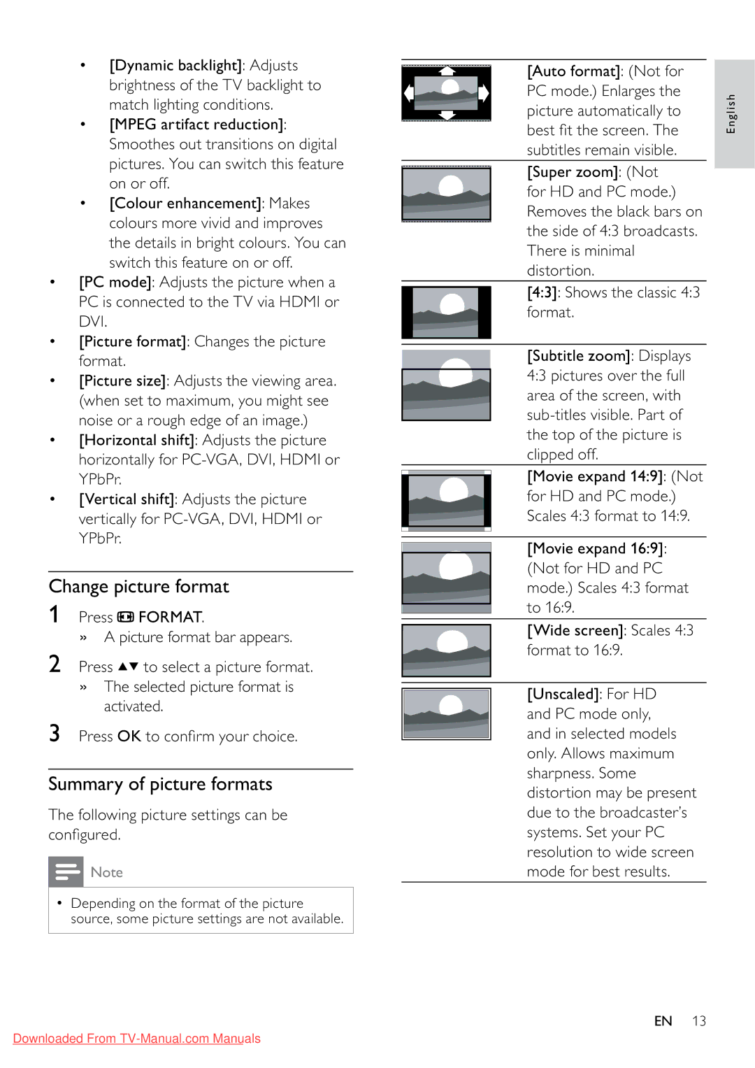 Philips 32PFL3605/12 Change picture format, Summary of picture formats, Following picture settings can be conﬁgured 