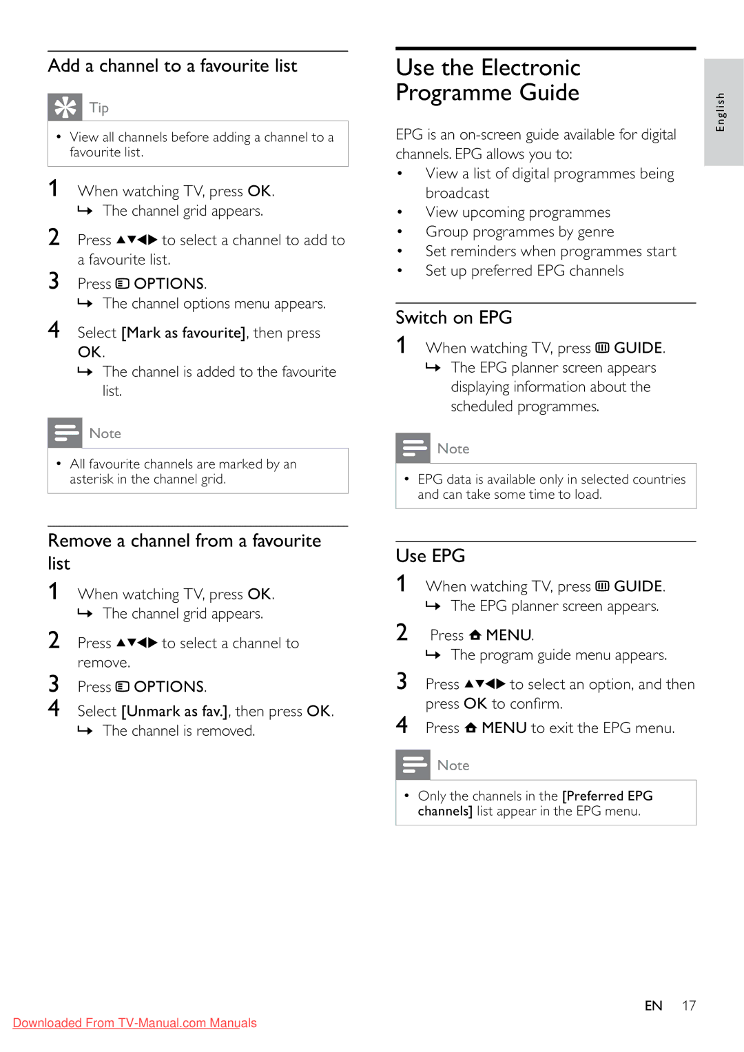 Philips 32PFL3605/12 Use the Electronic Programme Guide, Add a channel to a favourite list, Switch on EPG, Use EPG 