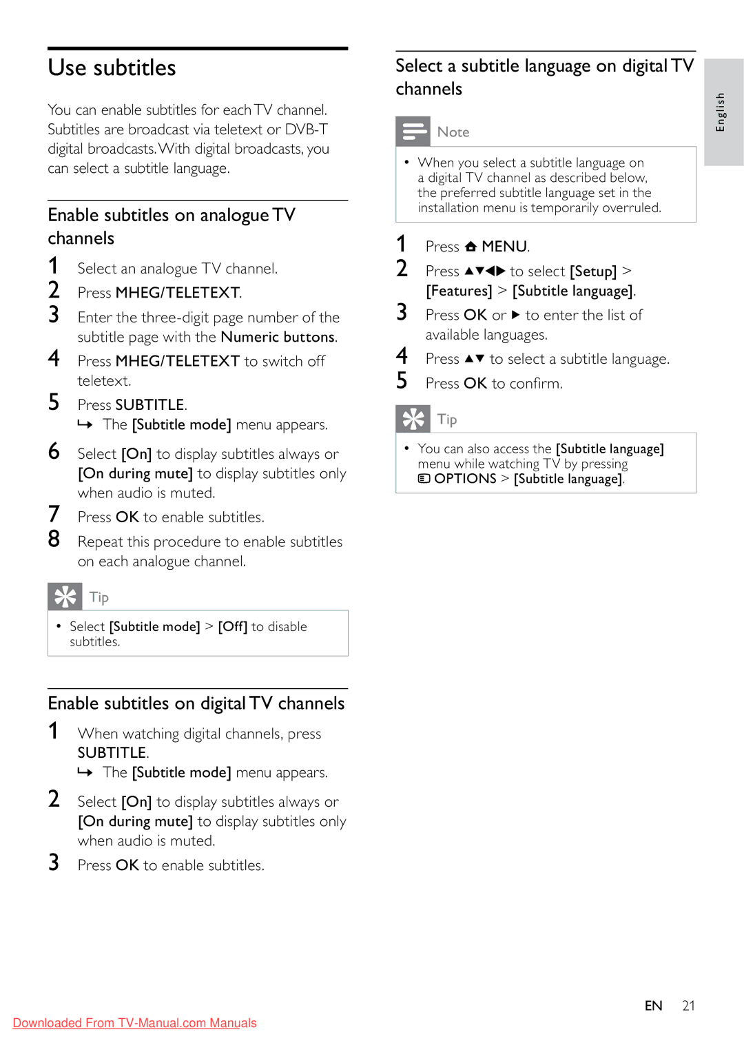 Philips 32PFL3605/12 Use subtitles, Enable subtitles on analogue TV channels, Enable subtitles on digital TV channels 