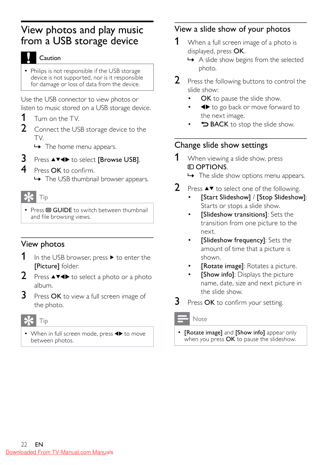 Philips 32PFL3605/12 user manual View photos, View a slide show of your photos, Change slide show settings 