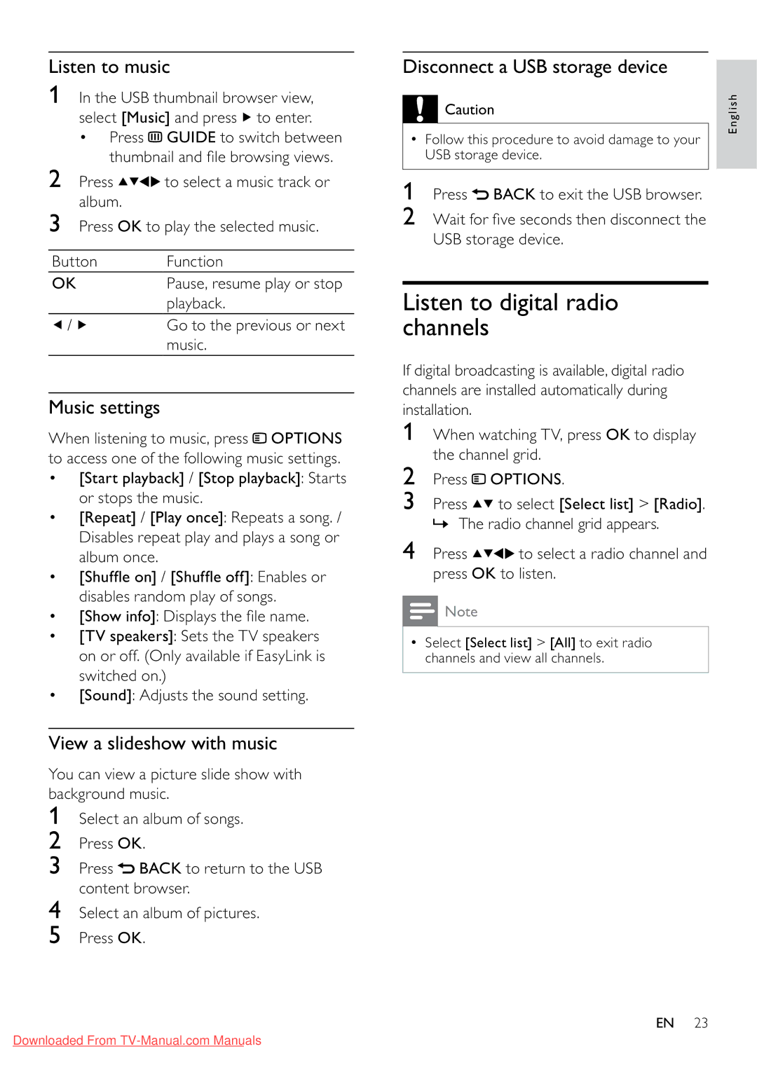 Philips 32PFL3605/12 Listen to digital radio channels, Listen to music, Music settings, View a slideshow with music 