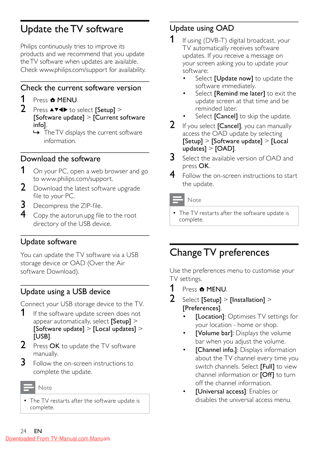 Philips 32PFL3605/12 user manual Update the TV software, Change TV preferences 