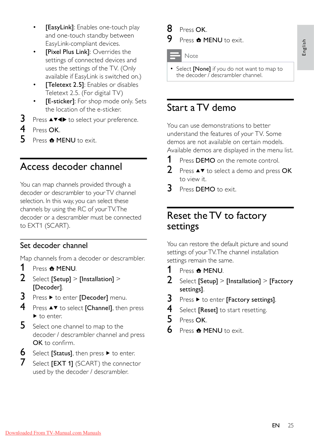 Philips 32PFL3605/12 Access decoder channel, Start a TV demo, Reset the TV to factory settings, Set decoder channel 