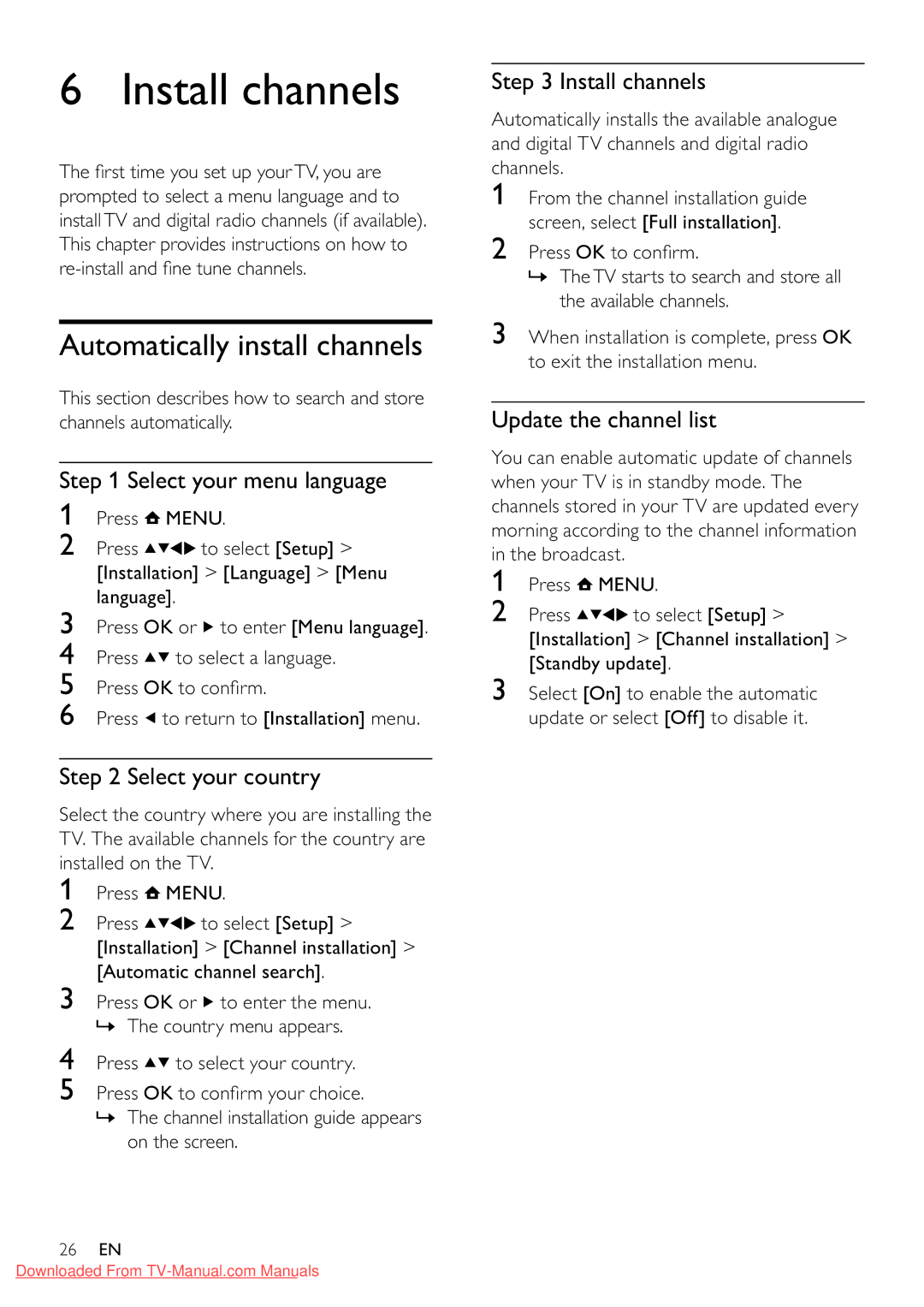 Philips 32PFL3605/12 user manual Install channels, Automatically install channels 