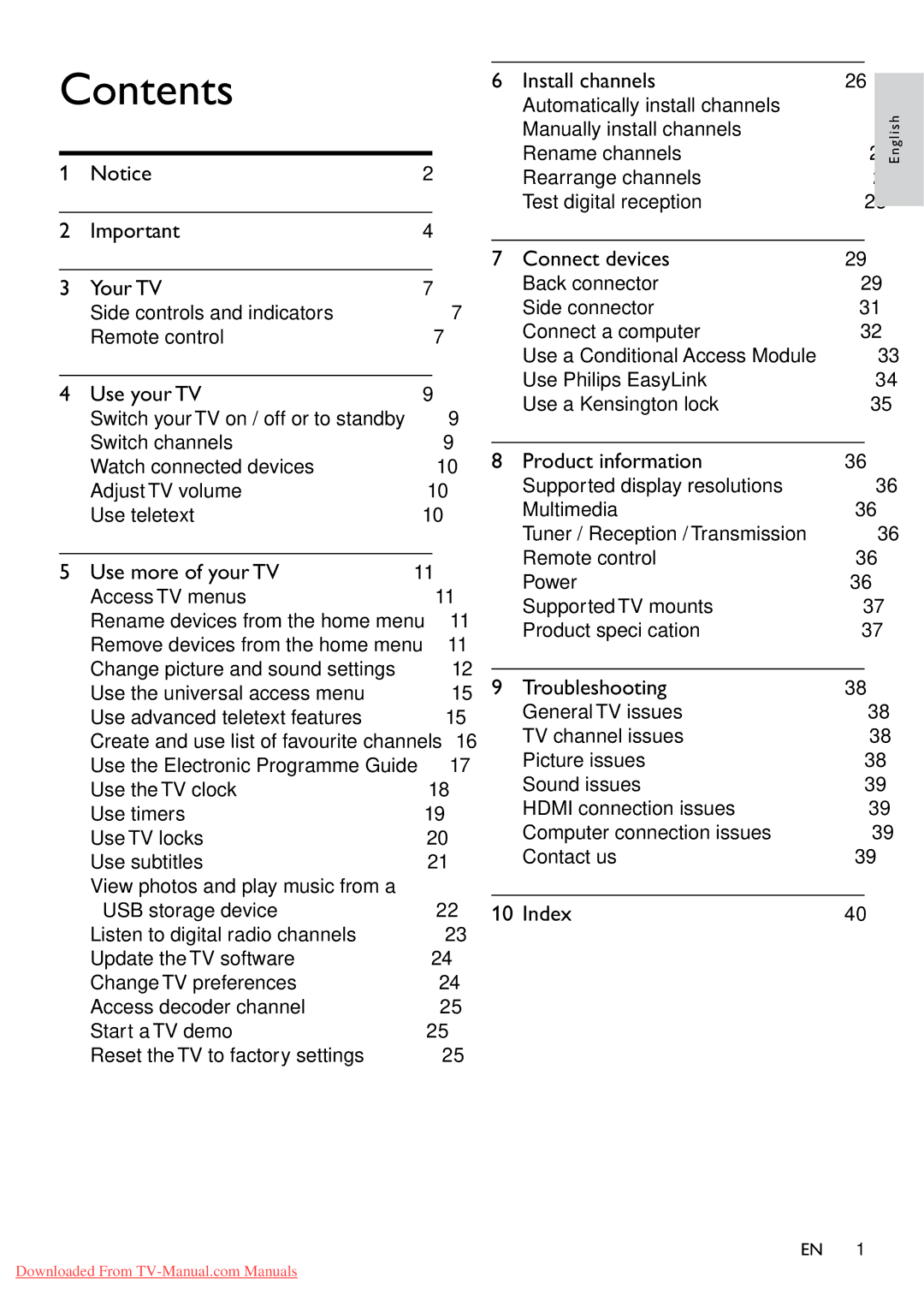 Philips 32PFL3605/12 user manual Contents 