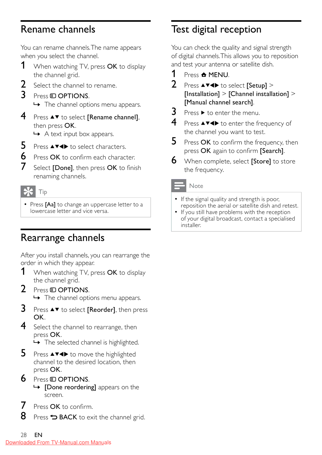 Philips 32PFL3605/12 user manual Rename channels, Rearrange channels, Test digital reception 