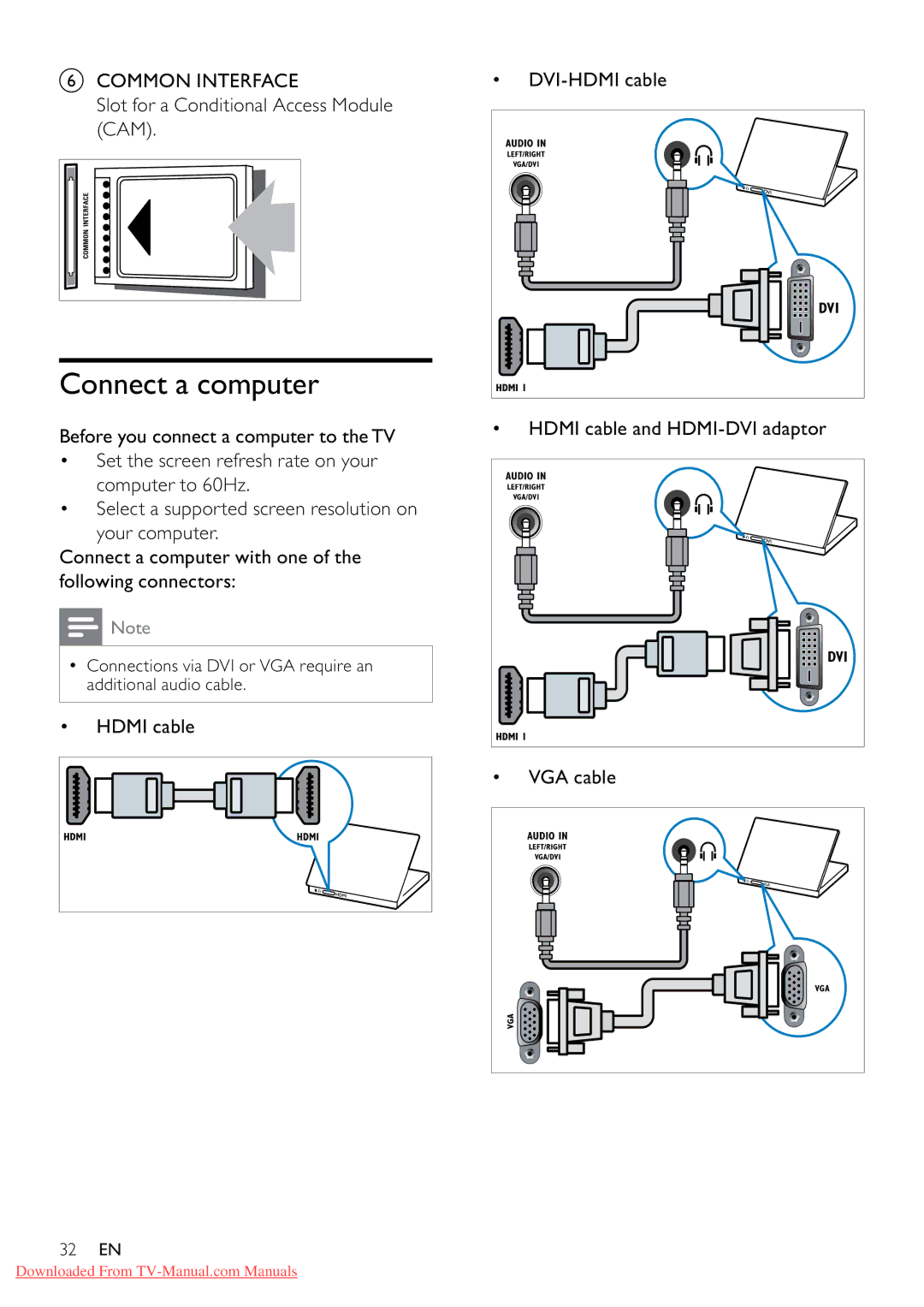 Philips 32PFL3605/12 user manual Connect a computer, Common Interface Slot for a Conditional Access Module CAM, VGA cable 