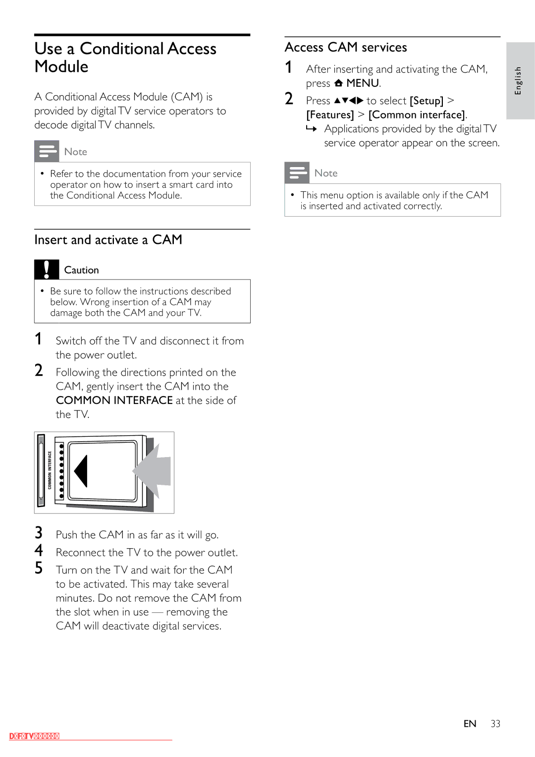 Philips 32PFL3605/12 user manual Use a Conditional Access Module, Insert and activate a CAM, Access CAM services 